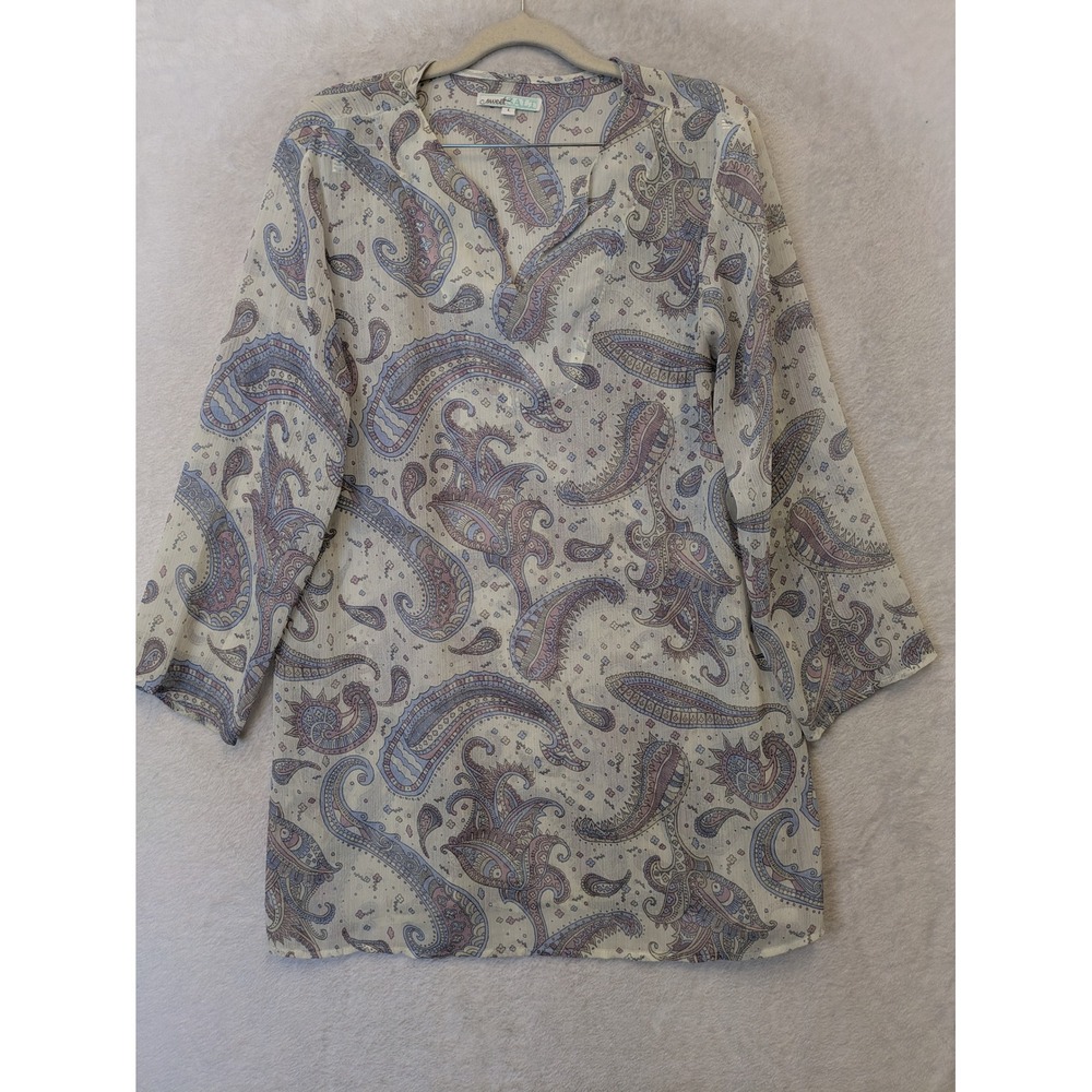 Sweet‎ Salt Tunic Women's Large Cream Blue Paisley V-Neck 3/4 Sleeve Boho Top